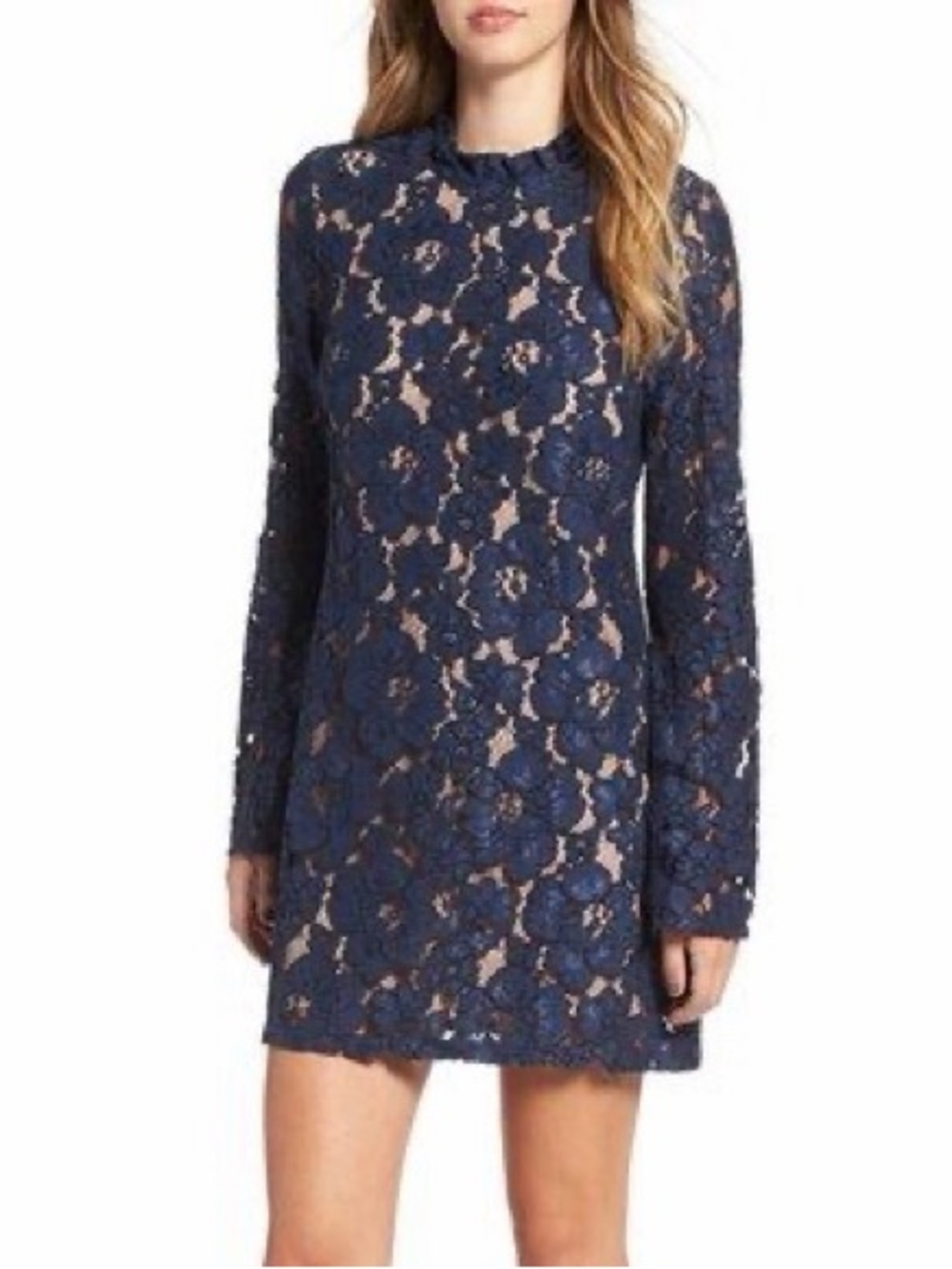 Wayf Navy Floral Lace Long Sleeve Shift Dress with Nude Lining
